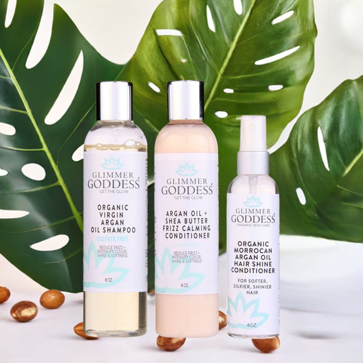 Organic Argan Oil Hair Treatment Trio, Hydrating Shampoo, Deep Conditioner, and Hair Shine Spray - Exquisite Beauty