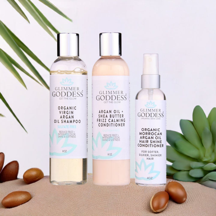 Organic Argan Oil Hair Treatment Trio, Hydrating Shampoo, Deep Conditioner, and Hair Shine Spray - Exquisite Beauty