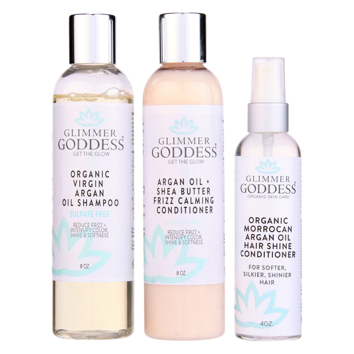 Organic Argan Oil Hair Treatment Trio, Hydrating Shampoo, Deep Conditioner, and Hair Shine Spray - Exquisite Beauty