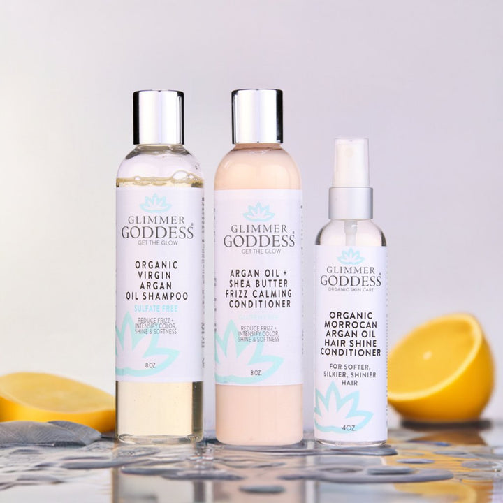 Organic Argan Oil Hair Treatment Trio, Hydrating Shampoo, Deep Conditioner, and Hair Shine Spray - Exquisite Beauty