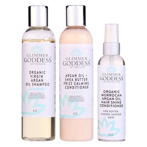 Organic Argan Oil Hair Treatment Trio, Hydrating Shampoo, Deep Conditioner, and Hair Shine Spray - Exquisite Beauty